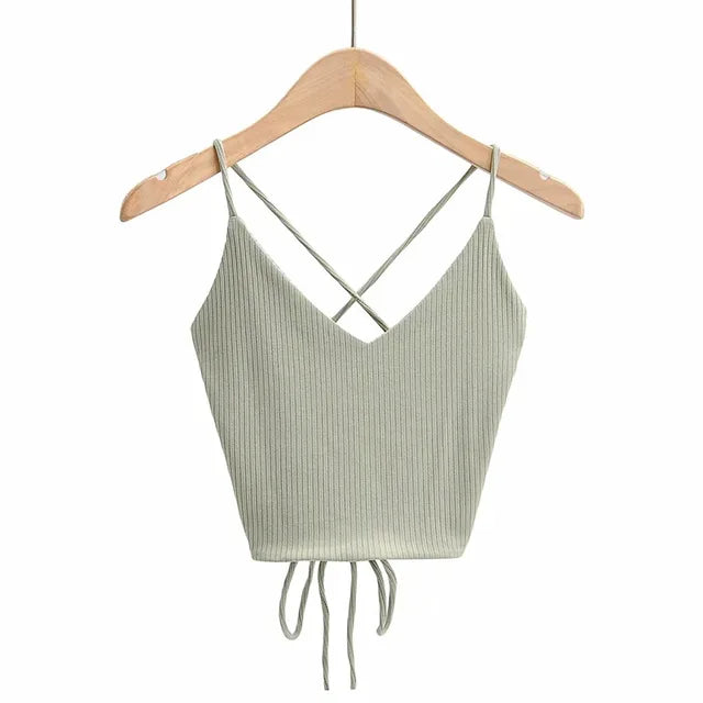 V-Neck Bandage Solid Knitted Tank