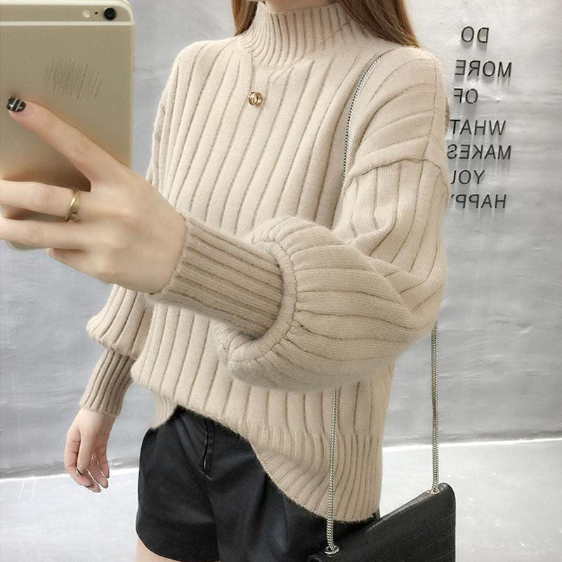 Sweater Ladies Half High Neck Pullover Pure Color 2022 New Fashion Korean Version Loose Lantern Sleeve Knitted Sweater Women