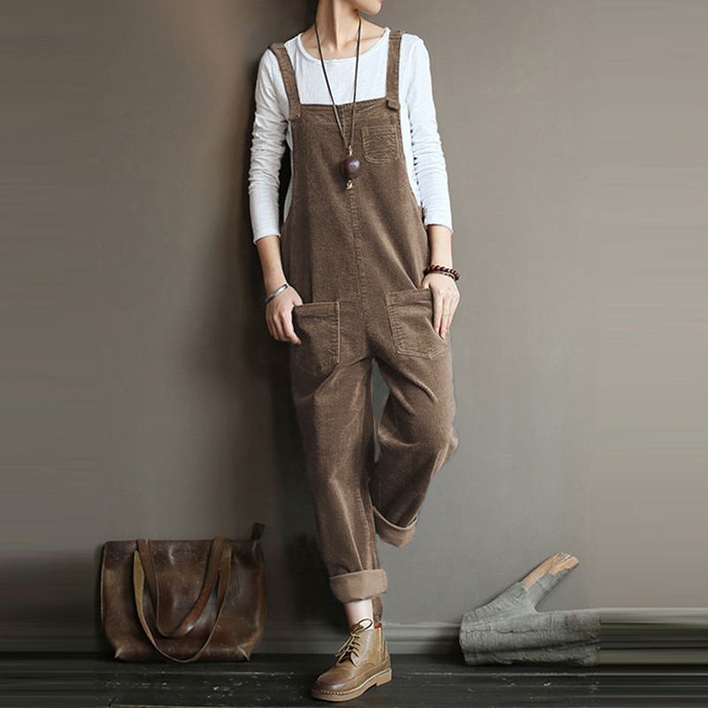 Corduroy Jumpsuits Casual Solid Color