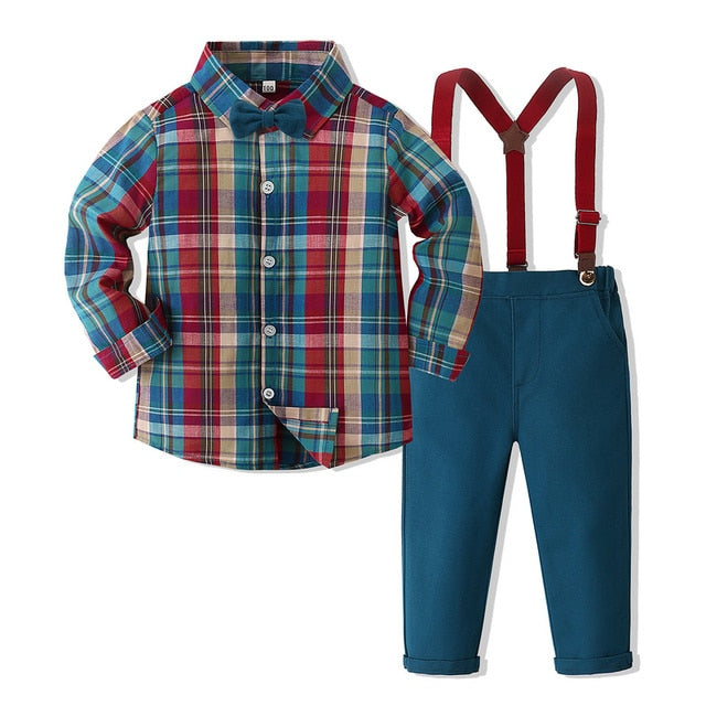 Plaid Shirt Bowtie And Suspender Strap Pants