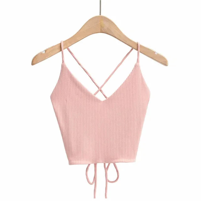 V-Neck Bandage Solid Knitted Tank