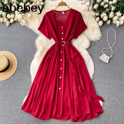 Summer Vacation Chiffon Dresses For Women 2022 Pleated Long Dress Solid Color Temperament V-neck Maxi Bohemia Dress Robe Femme