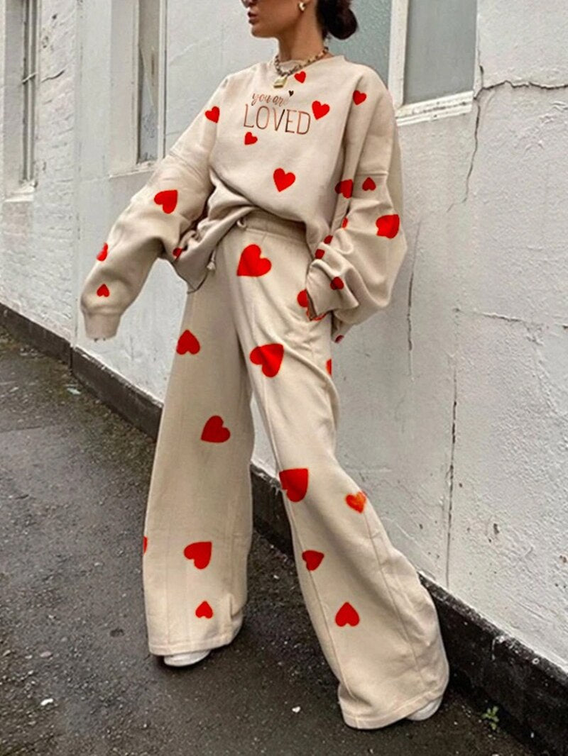 Oversize Tracksuit Women Two Piece Pants Sets Autumn Clothes Cartoon Print Pullover Sweatshirt Wide Leg Pants Suit Woman Outfits