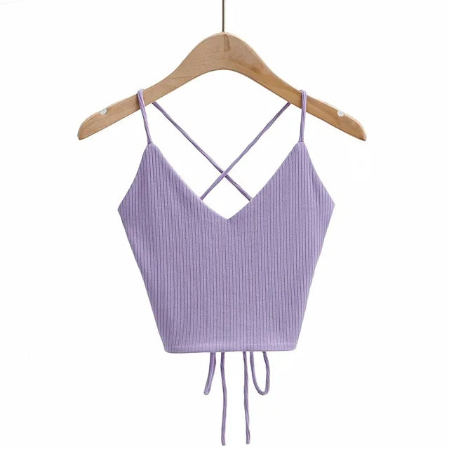 V-Neck Bandage Solid Knitted Tank