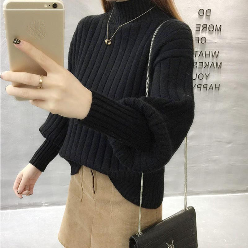 Sweater Ladies Half High Neck Pullover Pure Color 2022 New Fashion Korean Version Loose Lantern Sleeve Knitted Sweater Women