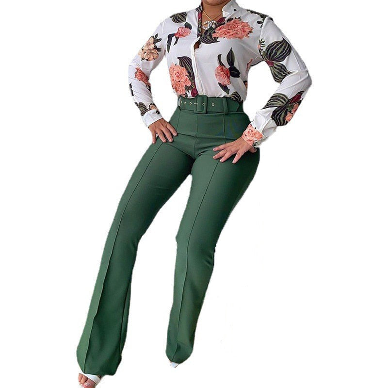 Women Stand Collar Button Pant Suits Printing Wide Leg Pants Slim Long Sleeve Ladies Outfit Casual Matching Set